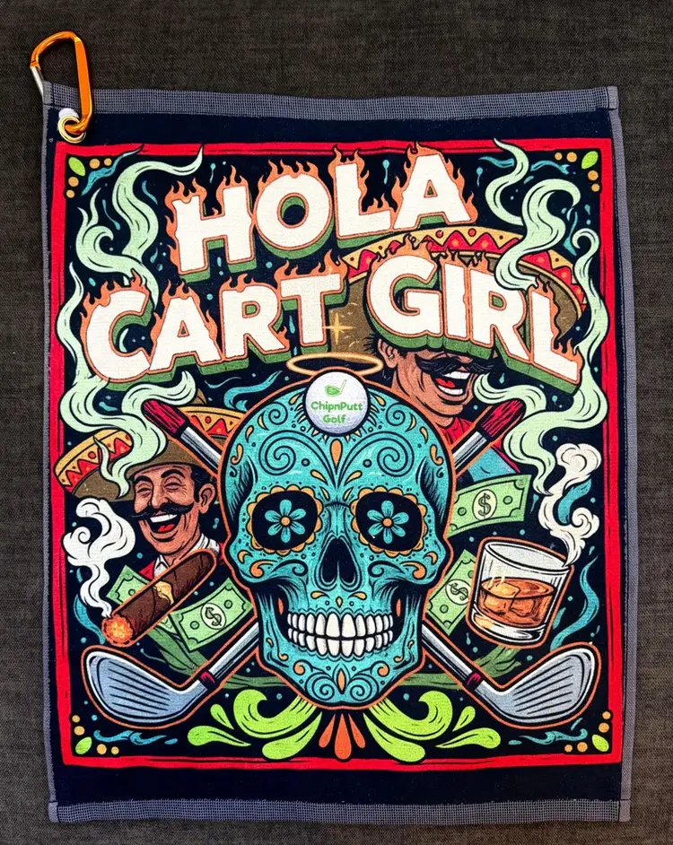 ChipnPutt Golf  “Hola Cart Girl”Golf Towel 20” L x 16” w. carabiner, Ships next Day