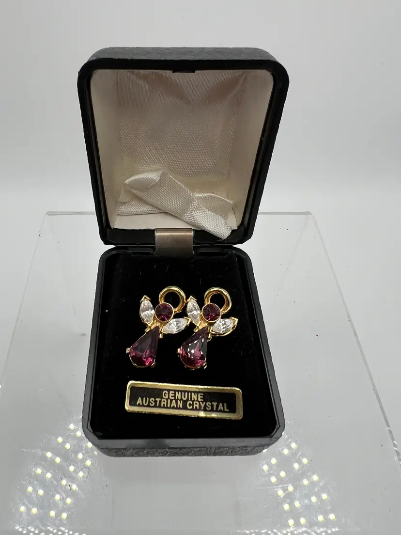 Vintage Purple Crystal Angel Earrings Gold Tone Dangle Rhinestone Angel Jewelry
