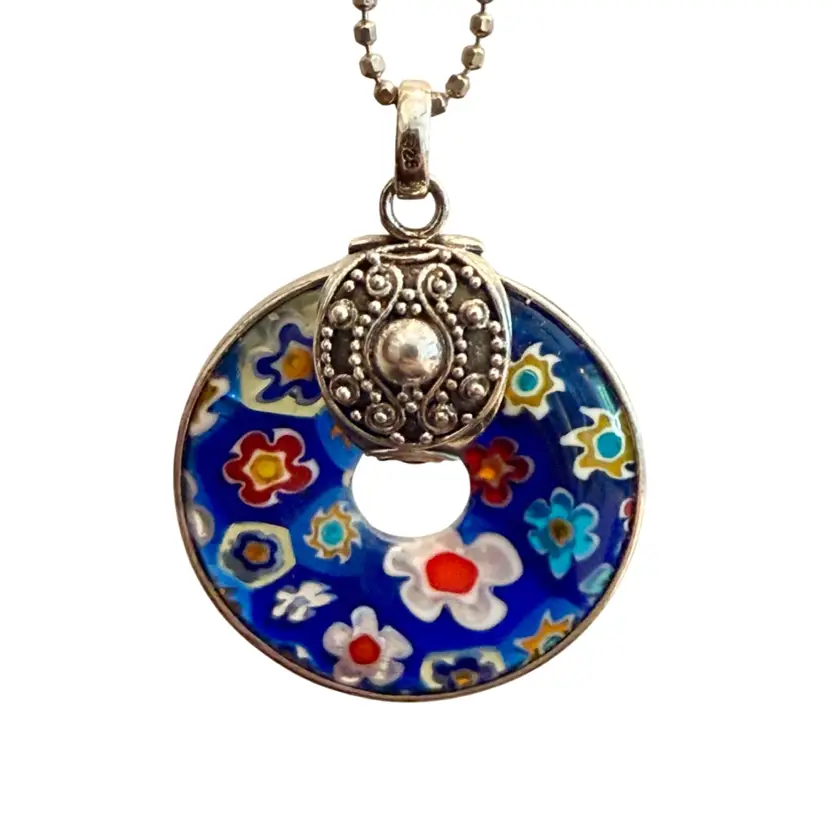 Artisan Made Sterling Silver Cobalt Blue Milifiori 1.9” Pendant Necklace 17” Sterling Italian Ball Chain