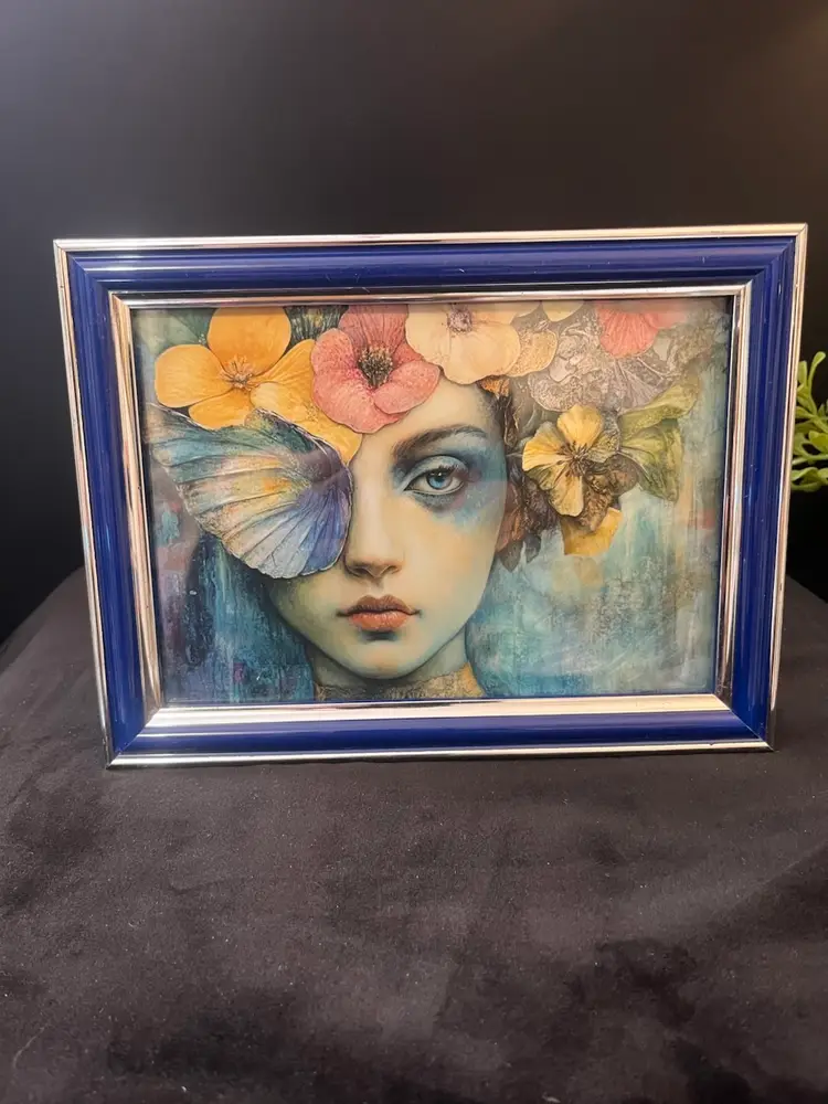 Whimsical Girl w/ Flowers & Butterflies in a Frame