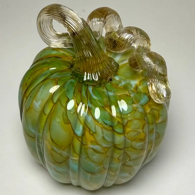 Handblown Glass Pumpkin Figurine Spotted Green Gold Curly Ribbed Stem Fall Gourd