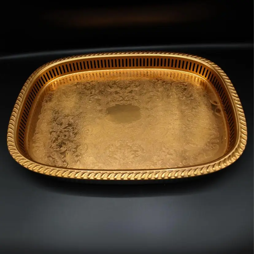 Vintage 1960s Copper Plated Tray Scroll Filigree Design Pattern Retro Kitchen Decor