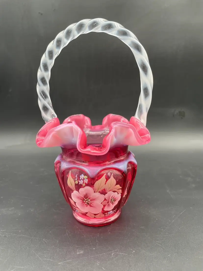 Fenton Cranberry Opalescent Open Heart Arches Glass Basket Hand Painted