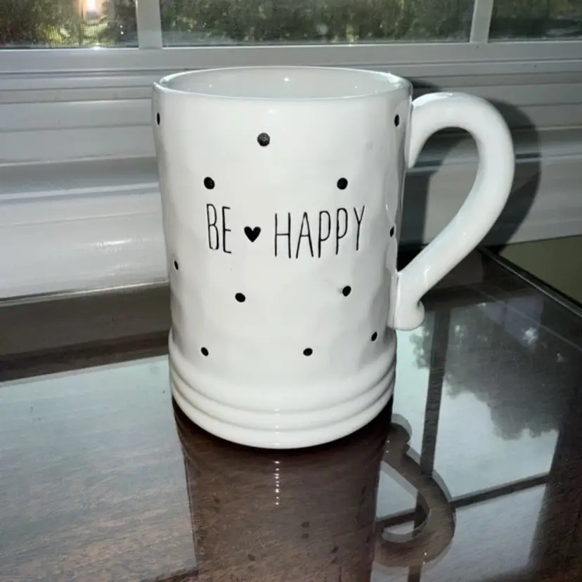 white/black polka dot coffee cup/mug: Be Happy; birthday gift, new home gift