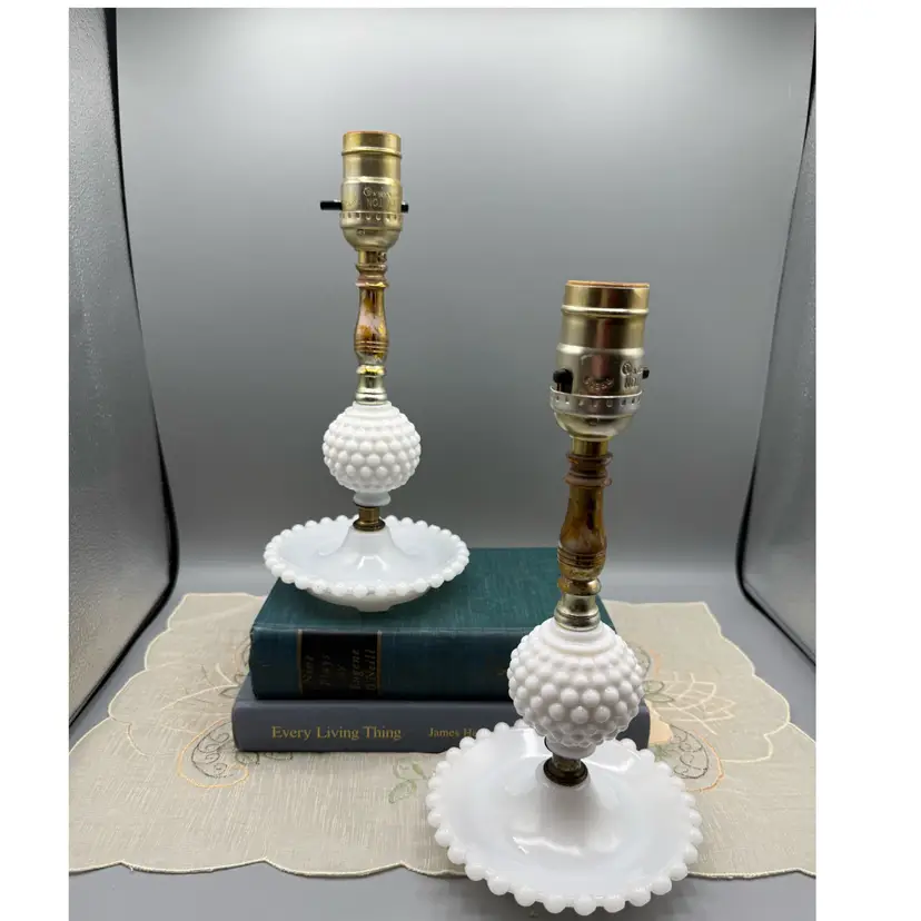 Vtg Hobnail Milk Glass Boudoir Lamps Pair Saucer Base 10.75" Mid Century Fenton ?
11x 5.25" (saucer)