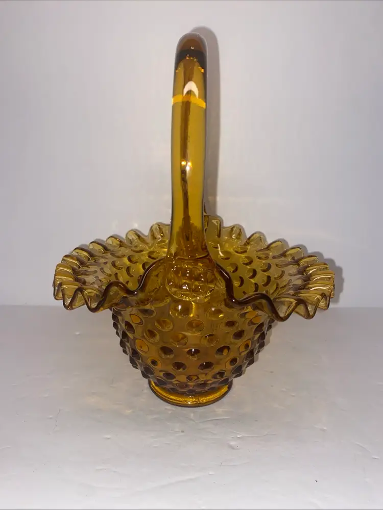 Fenton Glass Amber Hobnail Ruffled Lip Handle Basket