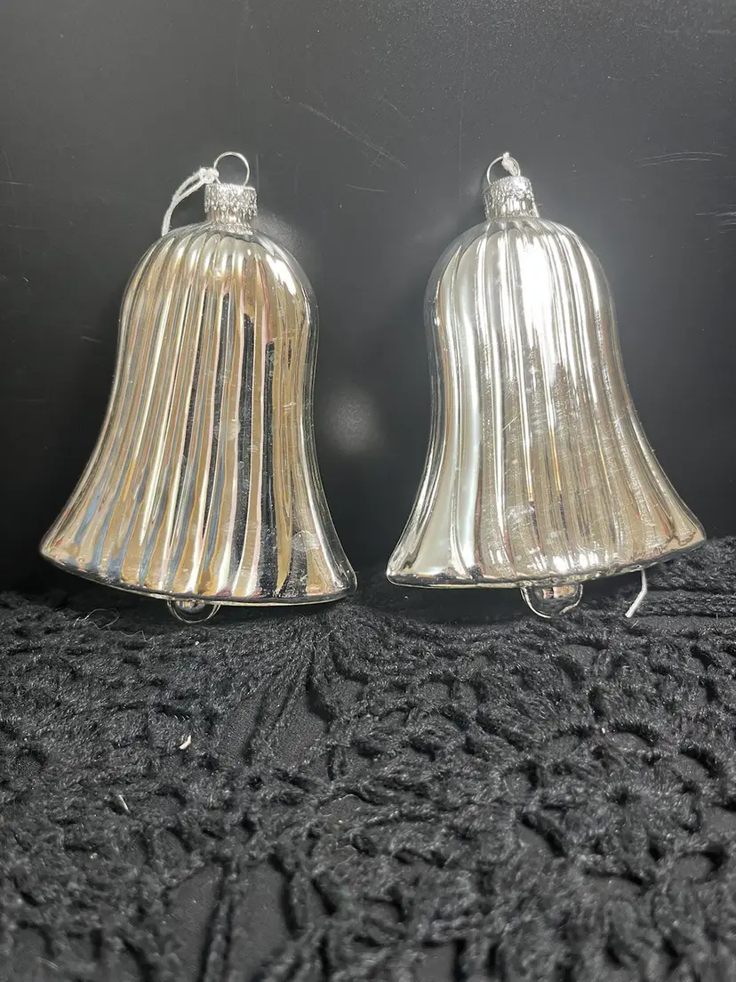 Pair of Silver Toned Ribbed Glass Bells Ornaments