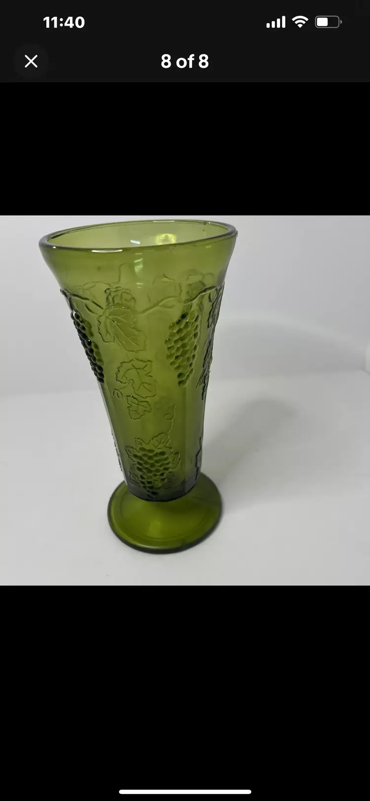 Indiana Colony Green Glass Vase With Grapevine 10”