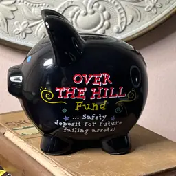 018 Black Ceramic Pig Over The Hill Piggy Bank Amscan 4.75" X 5" X 3.5 Inch