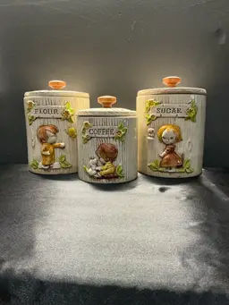 Vintage 1970s Ceramic Canister Set Flour Sugar Coffee – Boy & Girl Raised Relief