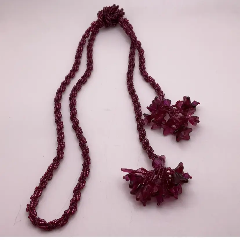 MANIC Knotted Bead Necklace Fuchsia Flowers 38β Open End Artisan Made