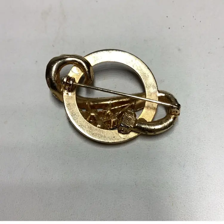 Green & Rhinestone Goldtone Brooch 13/4”