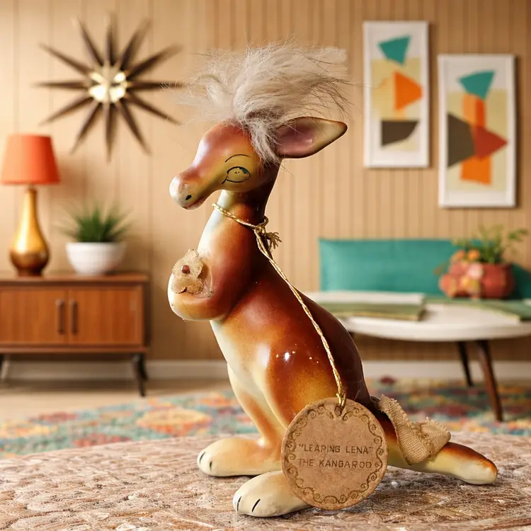 HTF Vintage Enesco Leaping Lena The Kangaroo Figurine Fuzzy Hair Mid Century Kitsch Orginal Tag