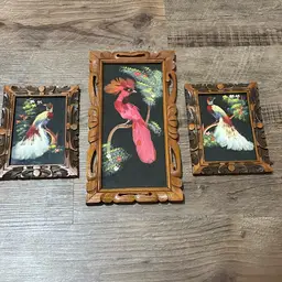 Mexican Feather Art Birds Vintage Hand Carved Picture Frames