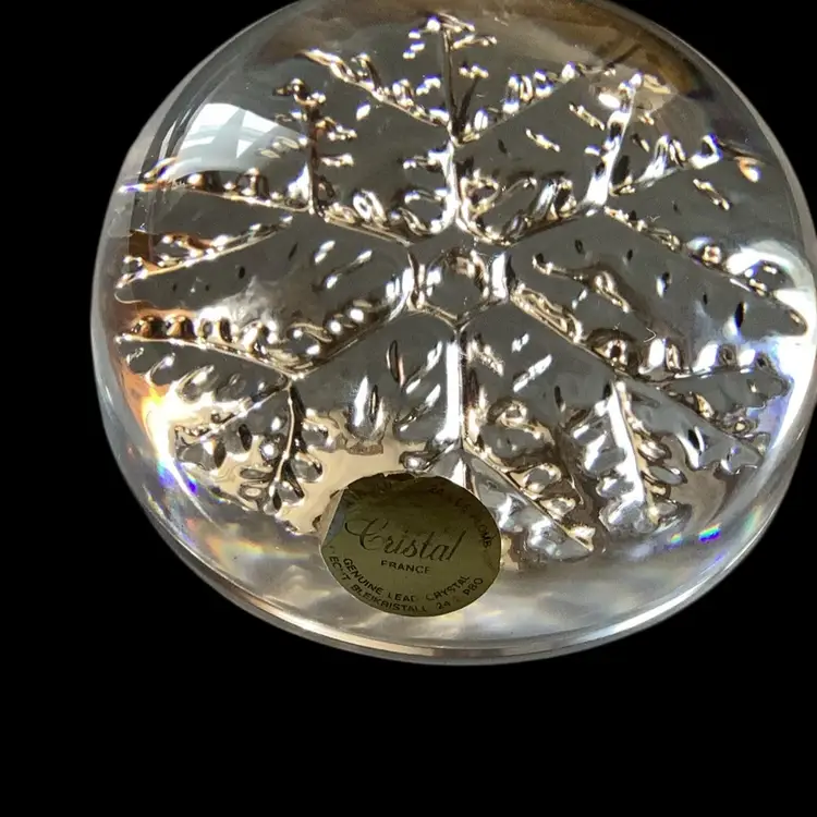 Vintage Lead Crystal Snowflake Paperweight Label