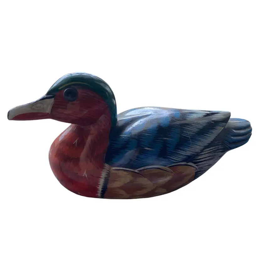 Hand Painted Laquered Wooden Duck Figurine Statue 6in