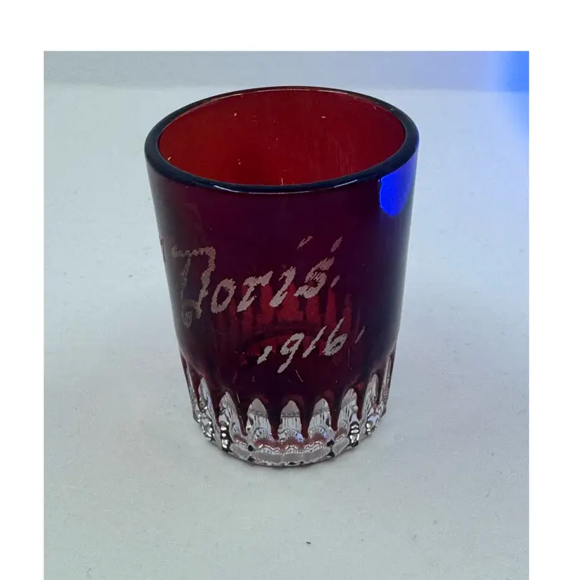 Antique Ruby-flashed etched glass with Etched inscription "Doris, 1916". Base Glows Bright Green