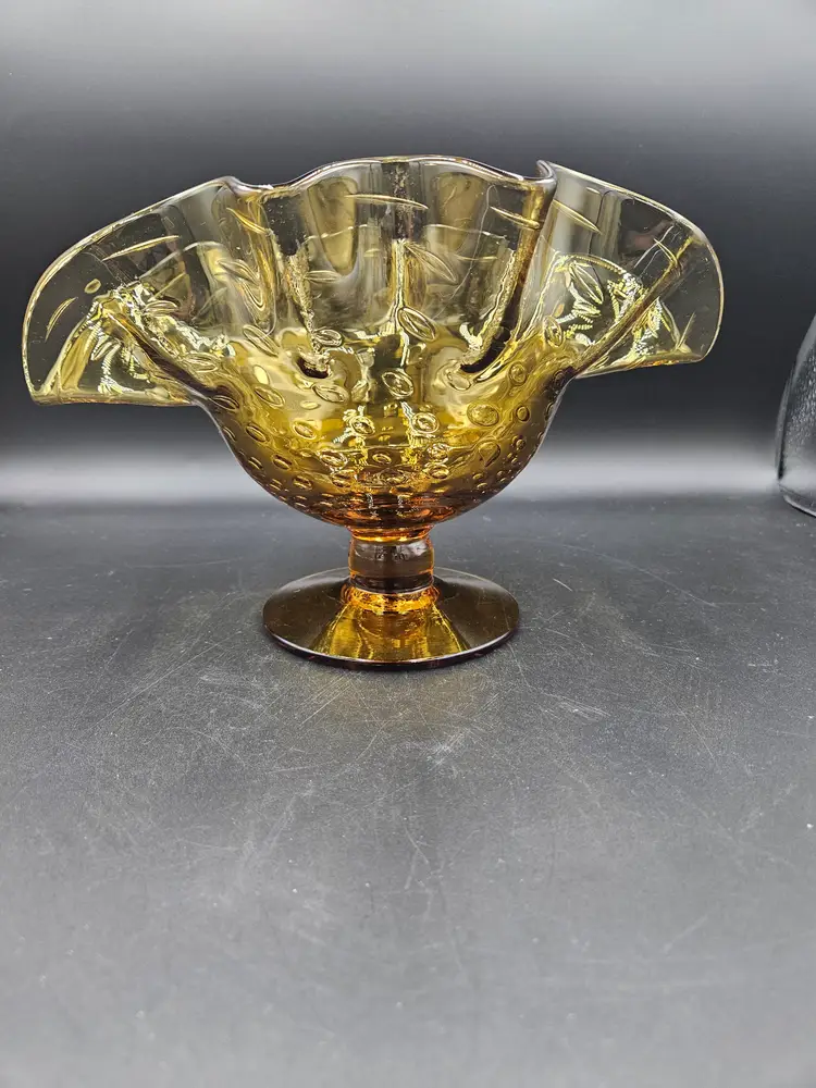 Amber Hand Blown Bullicante Ruffled Footed Vase