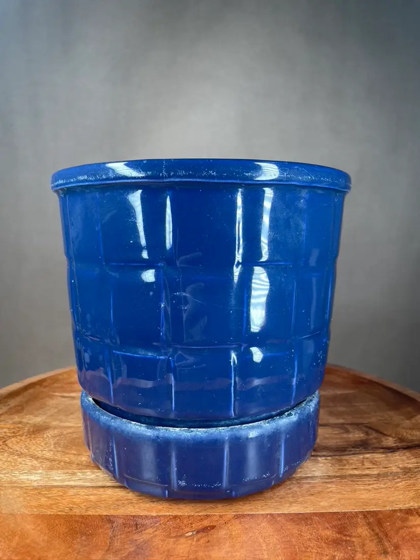 Haeger Weave Checker Cylinder Ceramic Planter Flower Pot Navy Blue & Sauce 800 USA