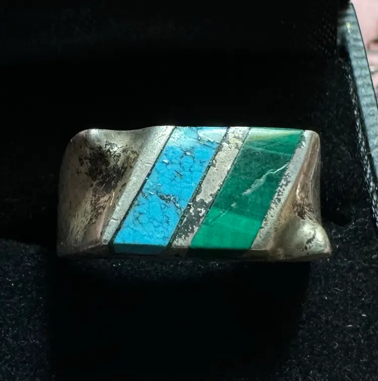 Sterling Taxco Malachite + Turquoise Ring Sz 11