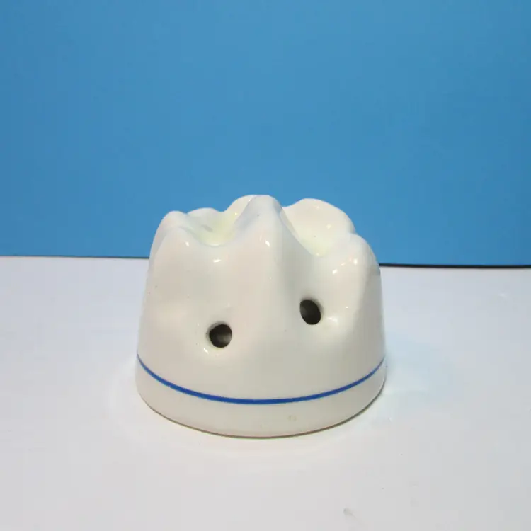 vintage Czechoslovakia ceramic flower frog white blue line iridescent holder
