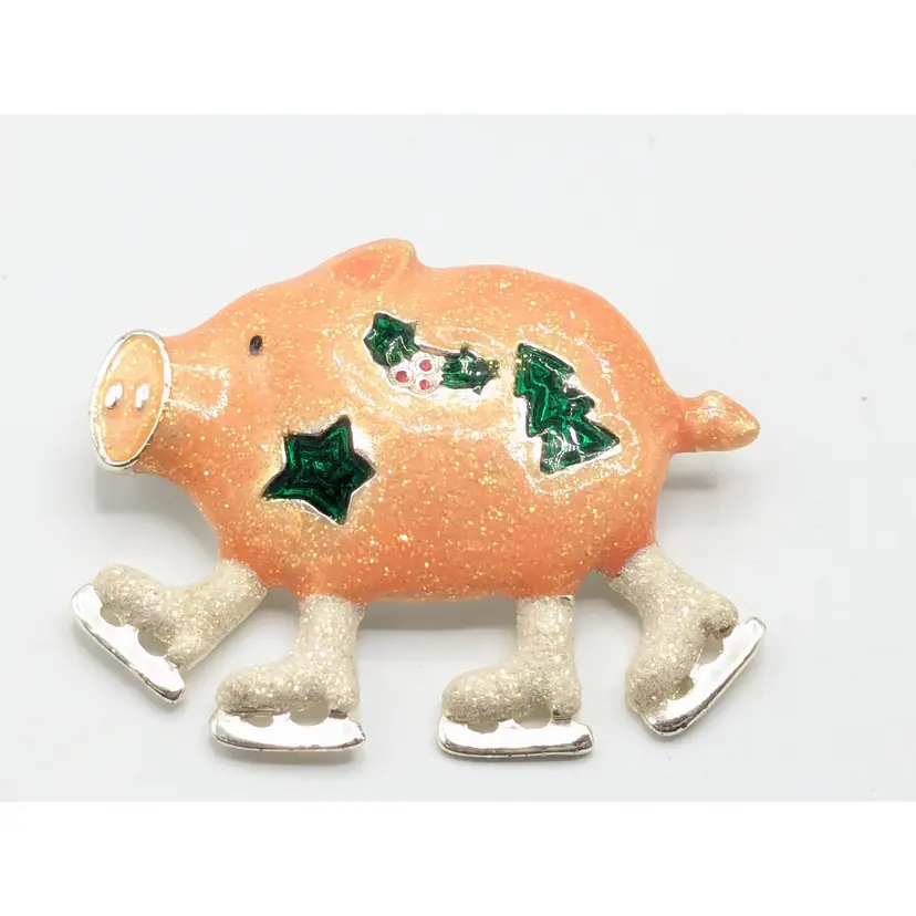 Kim Rogers Christmas Ice Skating Pig Brooch Pin Sparkly Holiday Jewelry