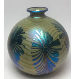 Vintage Charles Lotton Olive Green Vase Blue Luster Pulled Feather Signed 1982