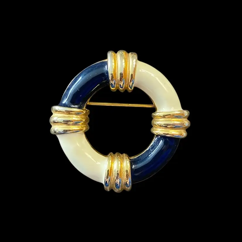 Circle Navy and Cream Brooch 1 1/2”
