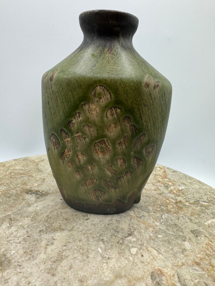Vintage Green Pottery Vase Natural Crazing *Fantastic Drip Glaze With Pattern” Green & Brown