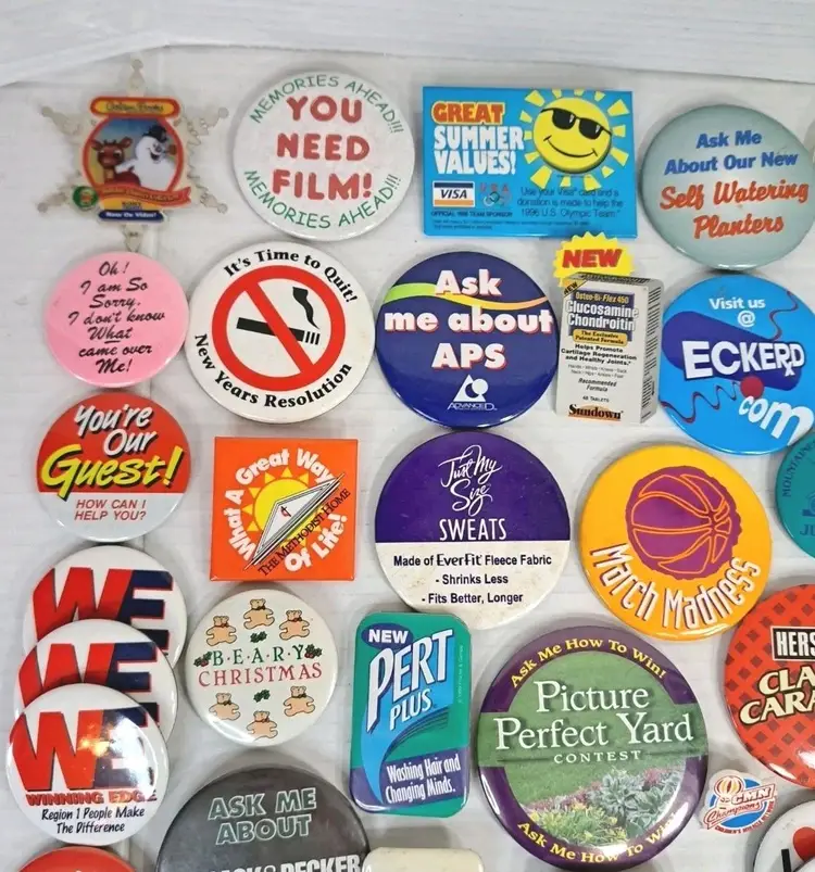 Lot of 65 Vintage 80s 90s Promo Pins Brands Sports Christmas Jordache Gitano