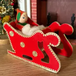 Vintage Christmas Sleigh Red Cardboard Pixie Elf Spun Cotton Japan
