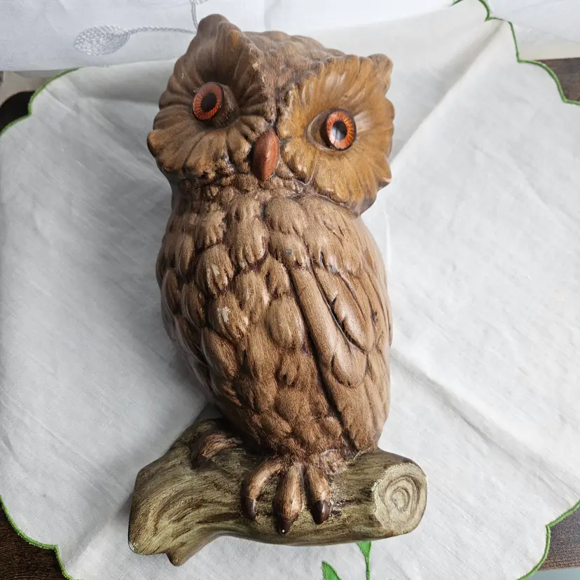 Ceramic Owl Wall Hanging 1970s Orange Eyes Fall Autumn Halloween Decor