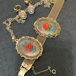Vintage Goldtone Mesh Red Rose Intaglio Bracelet With Matching Necklace And Clip On Earrings