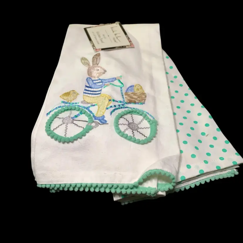 09. NICOLE MILLER HOME KITCHEN TOWELS (2) BICYCLE RABBIT TEAL 100% COTTON NWT