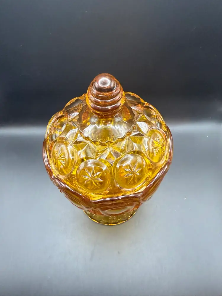 L.E. Smith 'Moon and Stars' Amber Glass Lidded Candy Jar