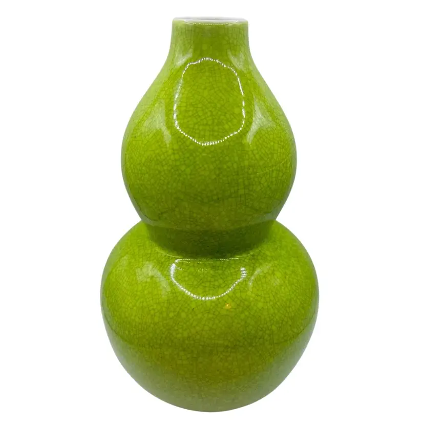 Vintage Green Gourd Ceramic Crackle Glaze Vase 8.5”