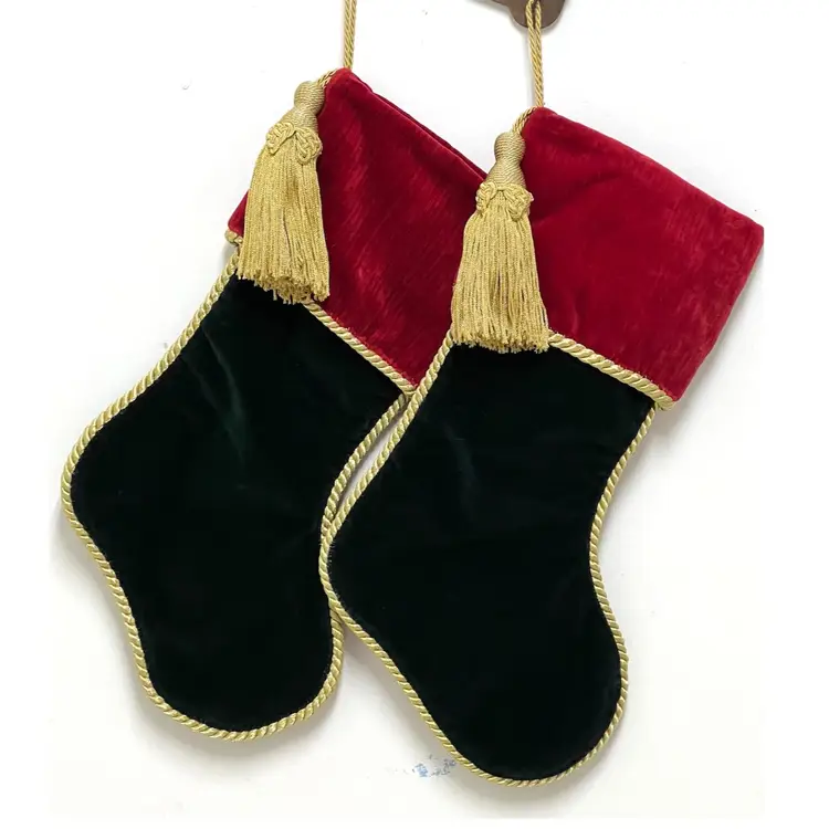 Set Of 2 Christmas Decor Stockings Red Green with Gold Tassel 17 in Height