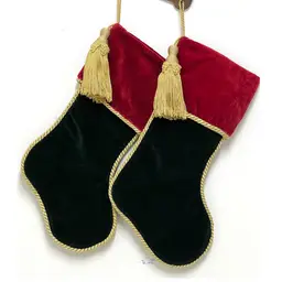 Set Of 2 Christmas Decor Stockings Red Green with Gold Tassel 17 in Height