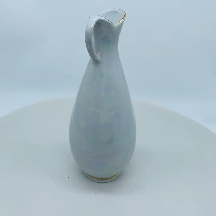 #2118 White Lustreware Gold Trim. Handle Jug Bud vase. Vintage