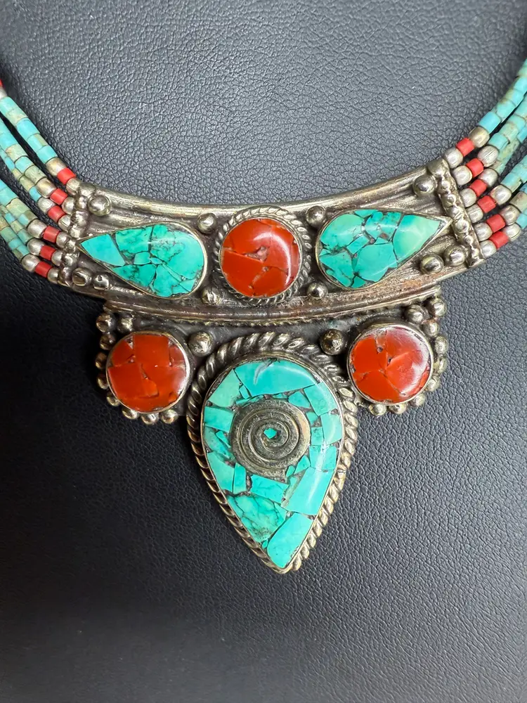 Vintage Nepali Tibetan Beautiful Design Necklace With Turquoise And Coral Stone