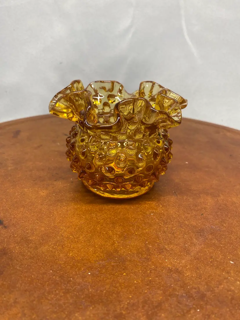 Small Amber Ruffled Hobnail Vase Or Votive Holder