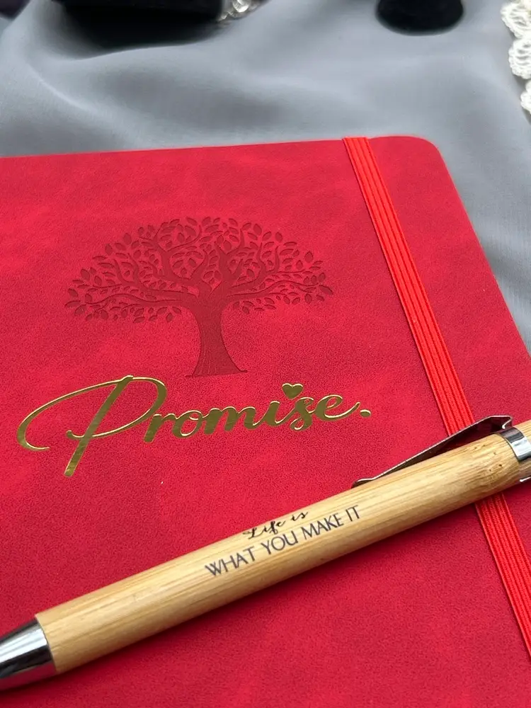 Promise Collection Red Leather Bound Journal & Bamboo Quote Pen Set – Promise Tree Cover, Elastic Closure, Lined Pages – Daily Reflections, Dreams, Prayers, Private Thoughts