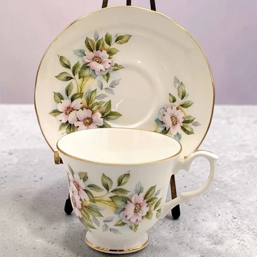 Royal Winchester Vintage Pink Dogwood Flowers Gold Trim Teacup and Saucer