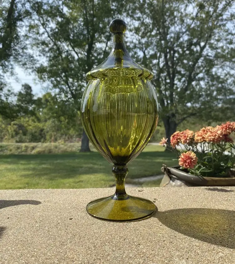 MCM Avocado Colored Empoli Lidded Glass Candy Dish Ribbed Pattern Twisted Finial