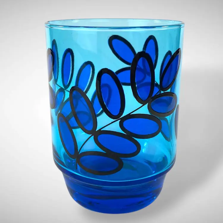 Set of 4 Electric Blue Glass Tumblers Abstract Leaf Design Vintage Barware