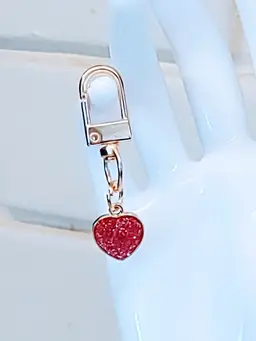 ROSE PINK GLITTER ENAMEL HEART & BRASS BAG CHARM OR ZIPPER PULL CHARM