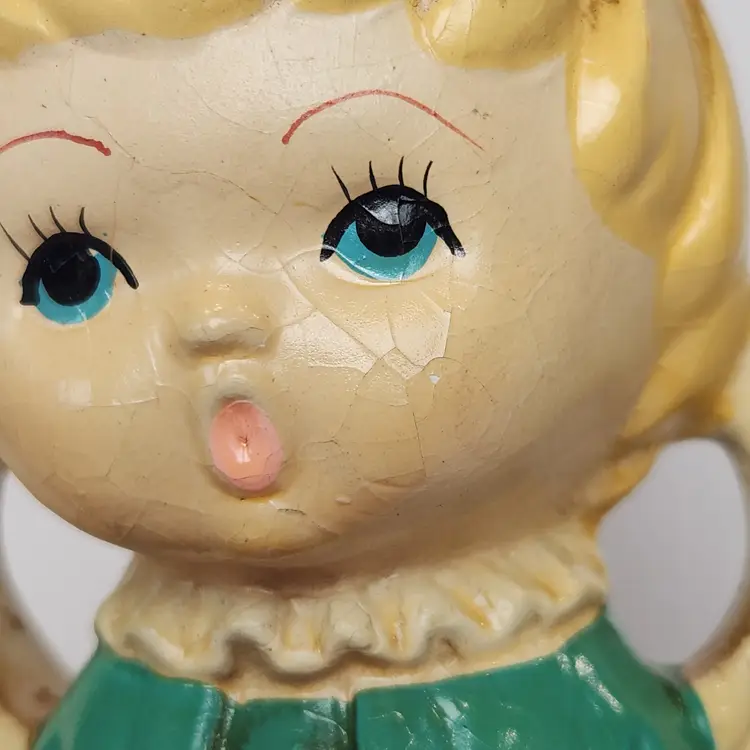 Homco Chalkware Choir Angel Candle Holder 1950s Japan 7” Gold Crown Teal Robe