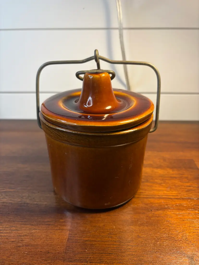 Vintage Brown Stoneware Crock with Lid