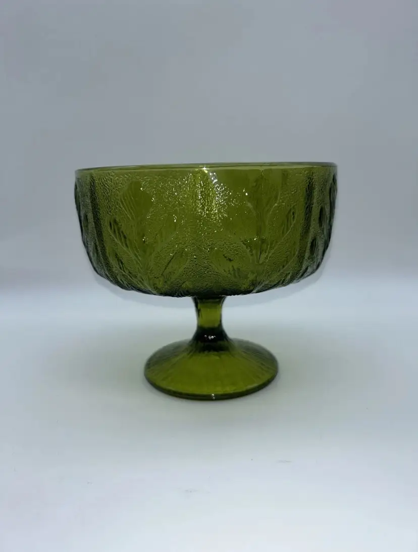 F.T.D. Green Glass Oak Leaf Vintage 70’s Pedestal Bowl Candy Dish Planter Vase