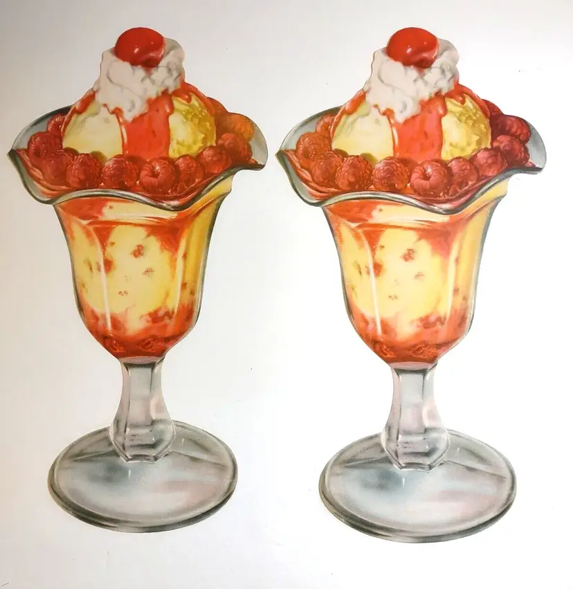 2  Ice Cream Sundae Dessert Diecuts Paper Signs 1950s Vintage Pop Shop Original